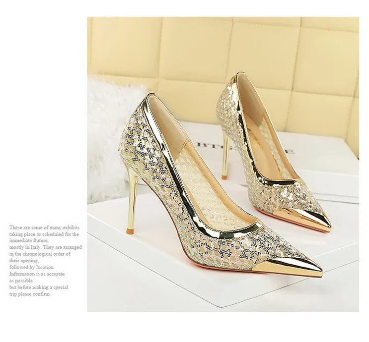 BIGTREE 2026 Fashion Metal Decoration Mesh Hollow Pointed Toe Woman Pumps Thin Heels Party Ladies Shoes Zapatillas De Mujer