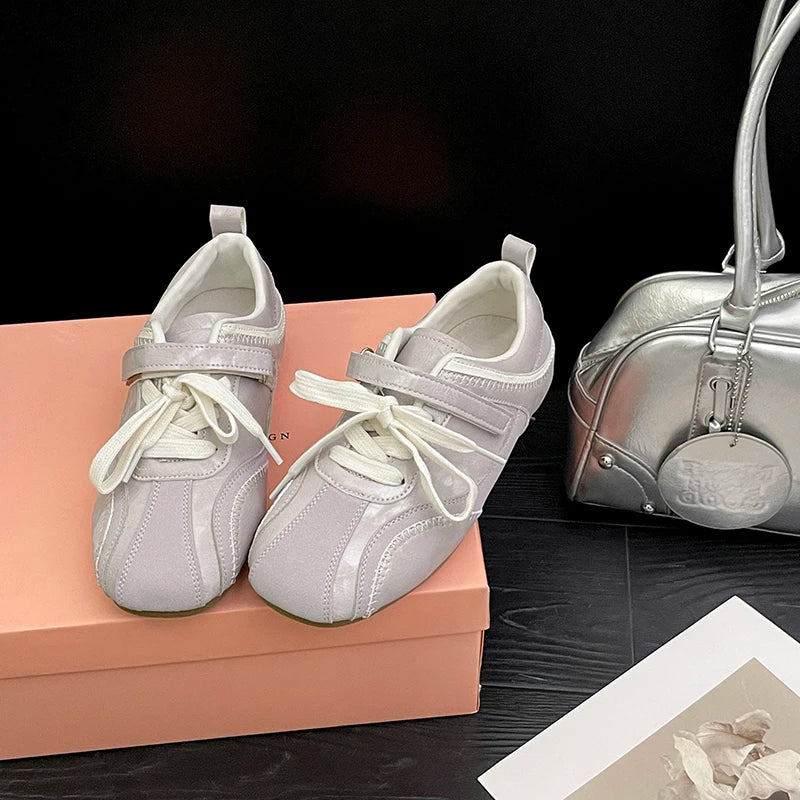Women Ballet Style Flat Sneakers Dual Strap Decor Lace‑Up Soft Sole Lightweight Breathable Daily Casual Walking Fashion Shoes