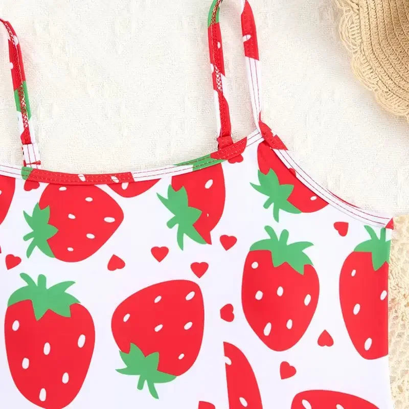 Kids Girls 2-Piece Strawberry Print One Piece Swimsuit & Beach Sarong Cover Up Ruffle Skirts Set 8-12 Years Children's Swimwear