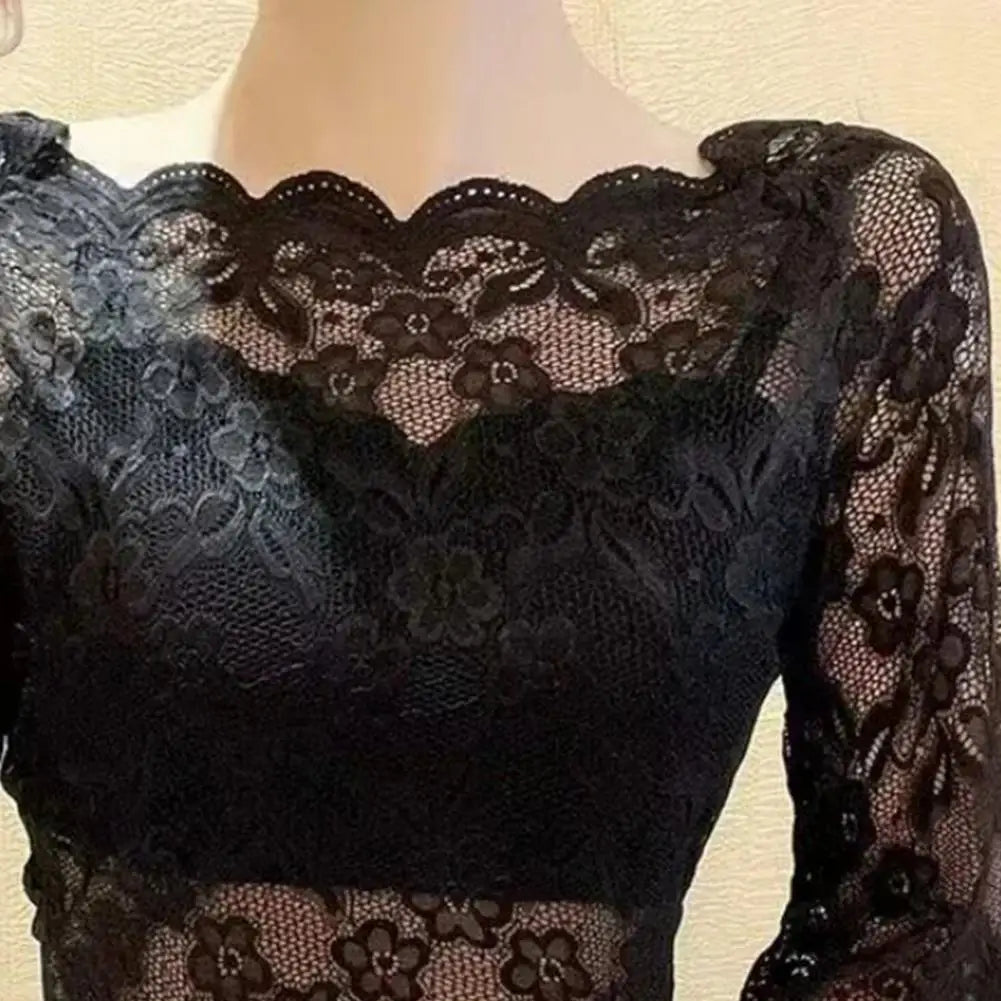 Women Summer Cropped Tops See-through Embroidery Lace Top One-word Collar Half Sleeve Blouse Pullover Tops