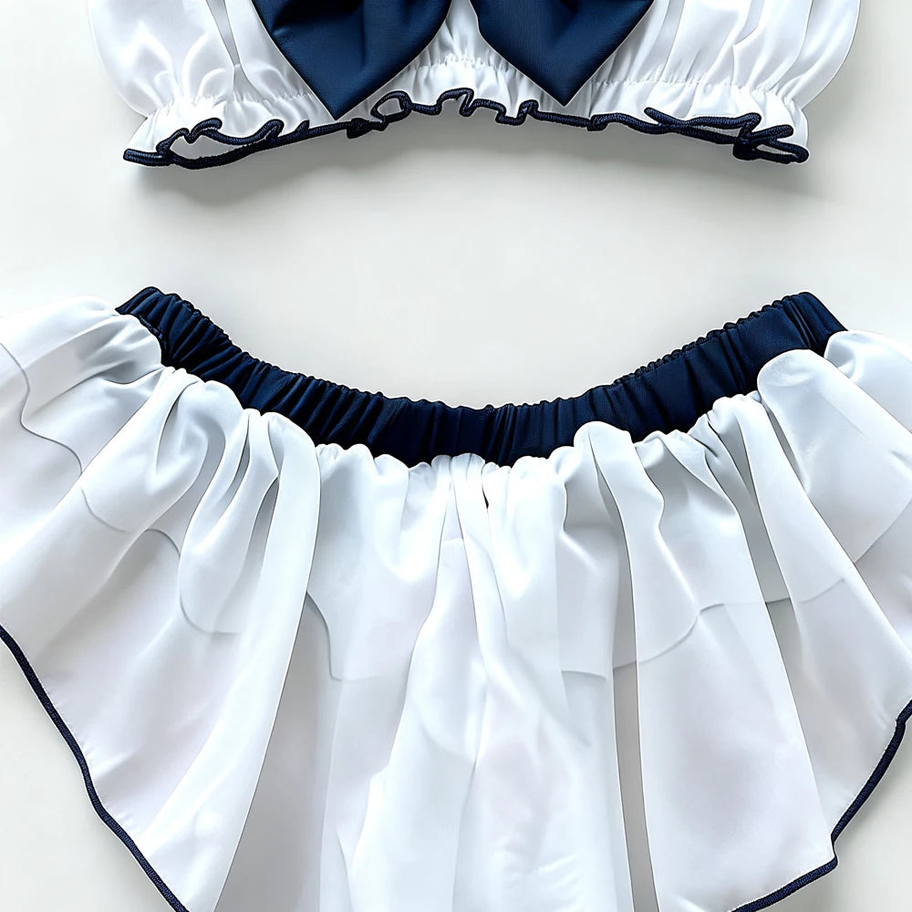 Women Sailor Collar Two-Piece Set Navy White Bow Decor Chiffon Fabric Casual Homewear Cosplay Costumes Daily Party Themed Event