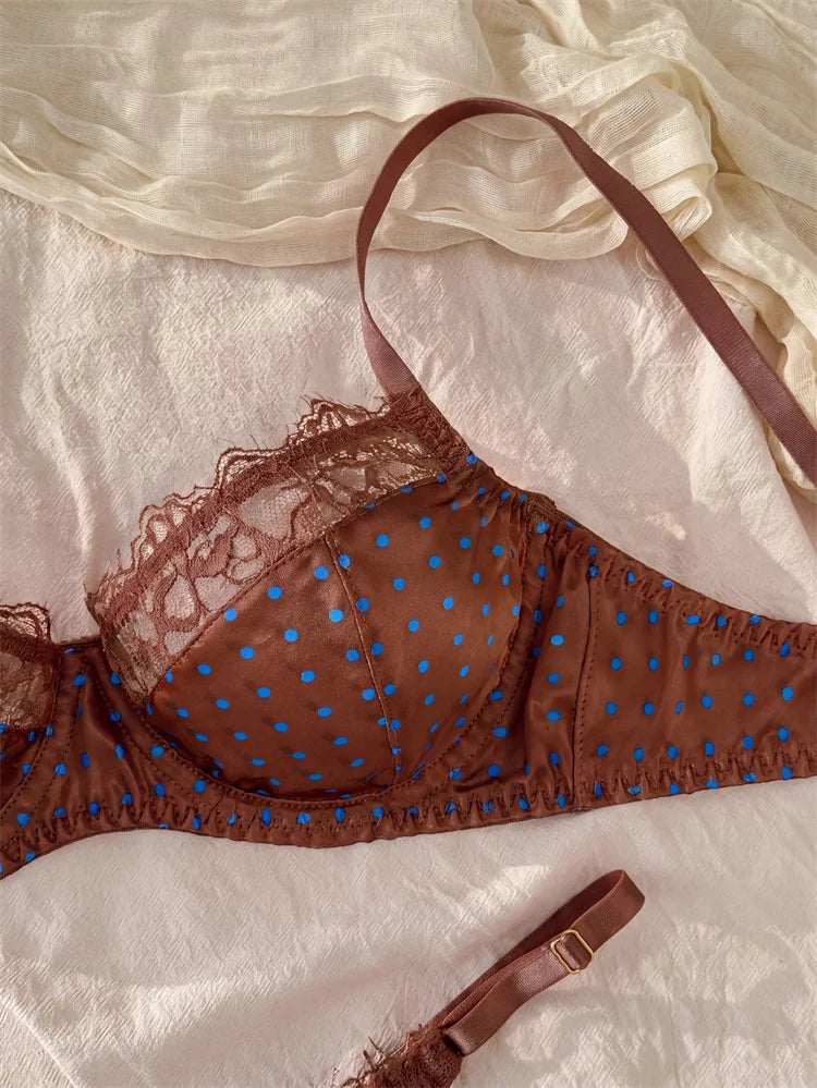 French Retro Brown Satin Lingerie Set Polka Dot Lace Splicing Women's Underwear Luxury Underwire Bra and Panty Set Sexy Intimate