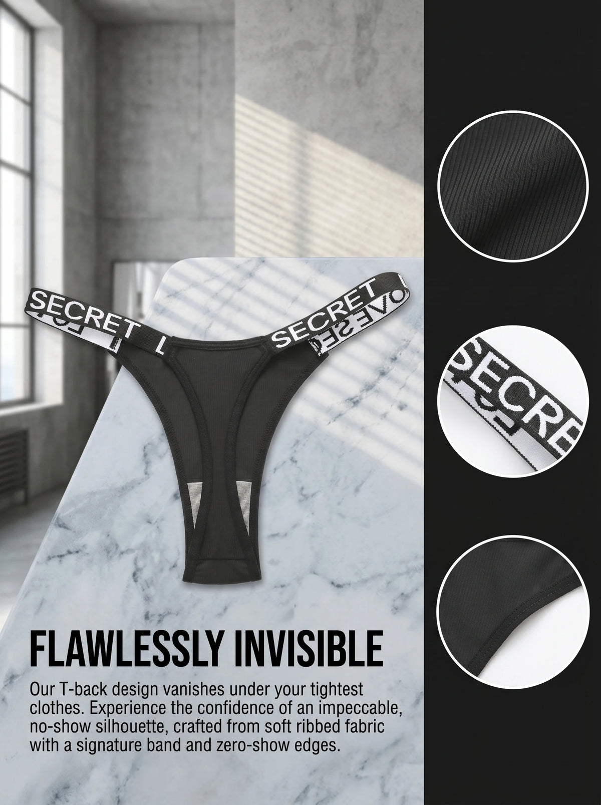 3 Pcs Women Black Thong Panties Sexy Low Rise Letter Elastic Waistband Secret Love Graphic Street Style Lingerie Briefs C967