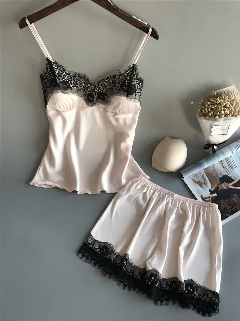 Women Summer Sleepwear Sexy Lace Satin Pajama Sets Lingerie Nightwear Sleeveless Tops+Shorts 2 Pcs Sets Loungewear