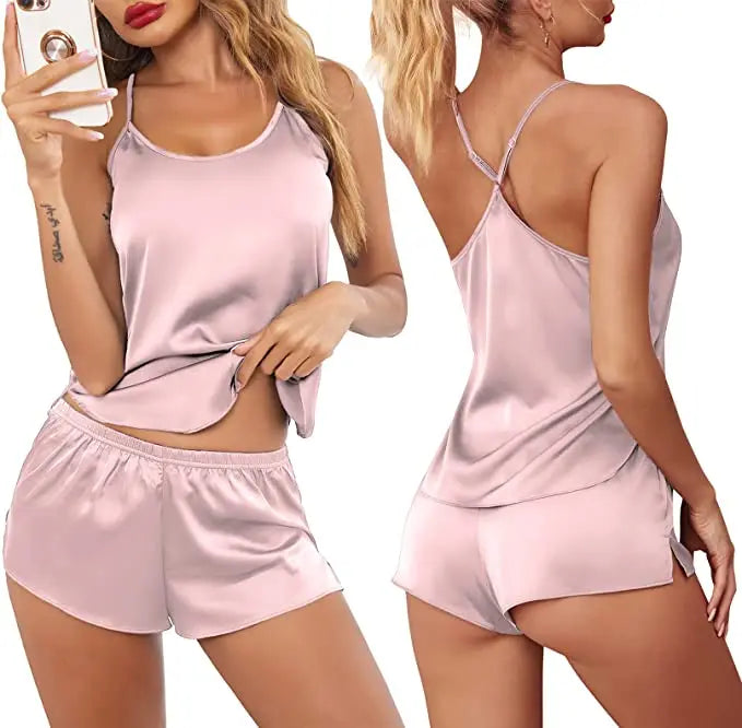 Summer New Ice Silk Spaghetti Strap Sexy Women Pajamas Pure Color Thin Section Fashion Sleepwear