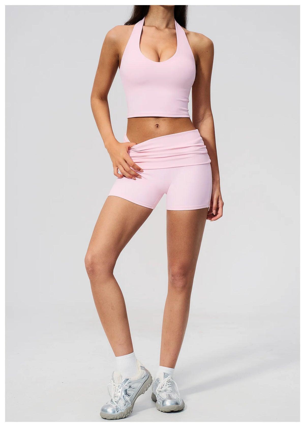 2PCS Yoga Set Women V-neck Cross Neck Shock-absorbing Sports Vest Workout Pleate Flip High Waist Shorts Gym Runing Fitness Suits