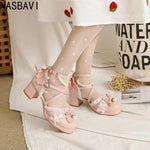 Women's Summer White Buckle Strap Sandals Pink Bowknot Pearls Cross Strap Shoes Black Ruffles High Heels Lady Lolita Party Shoes