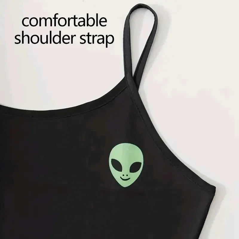 Summer Sleepwear Women Pajamas Set Alien Pattern Printed Sports Camisole Tops and Shorts Casual Loungewear
