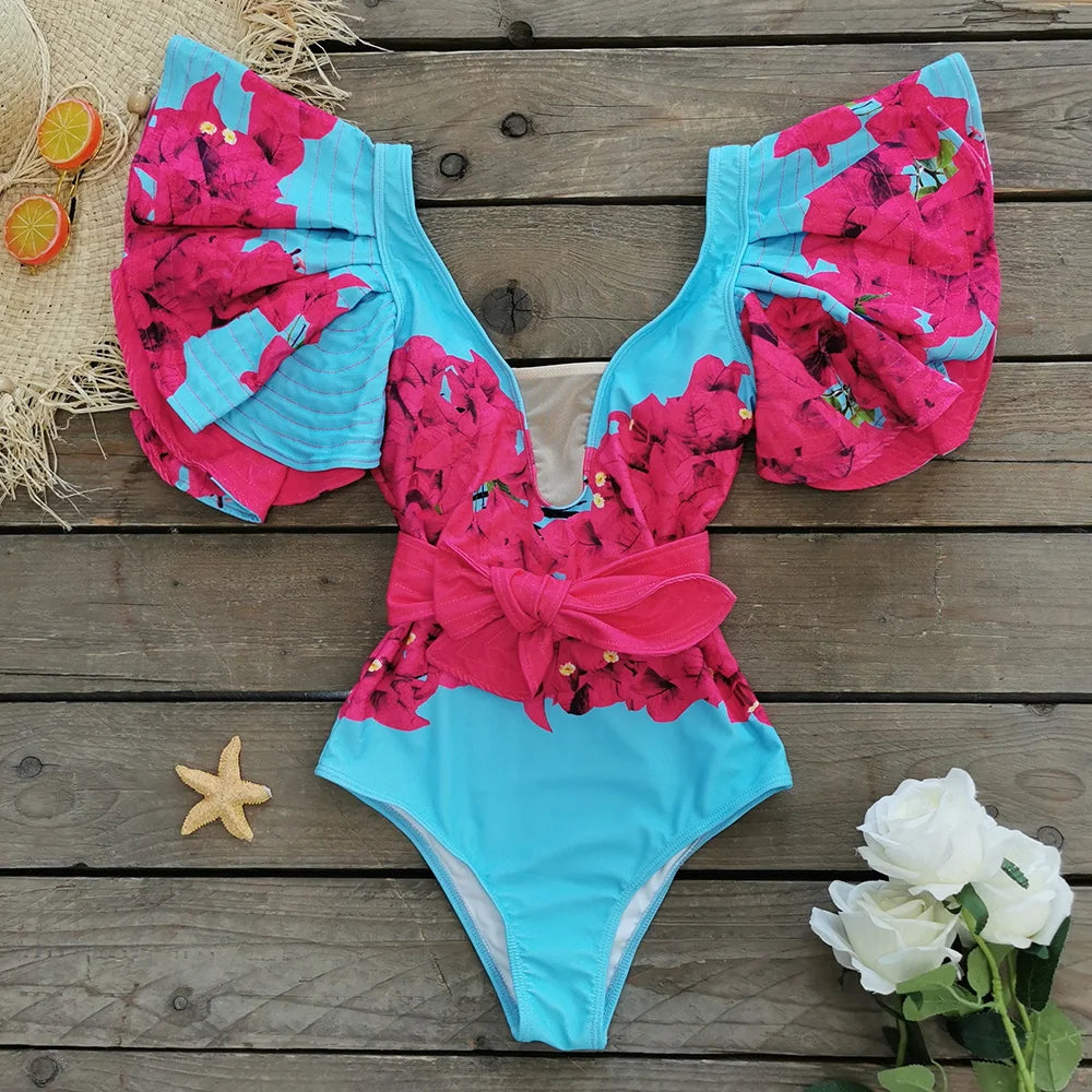 Sexy Ruffle Shoulder Swimsuit V-Neck Swimwear Women Backless Push Up Bathing SuitBeach Wear 2024 Female Swimming Suit
