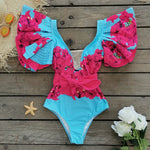 Sexy Ruffle Shoulder Swimsuit V-Neck Swimwear Women Backless Push Up Bathing SuitBeach Wear 2024 Female Swimming Suit