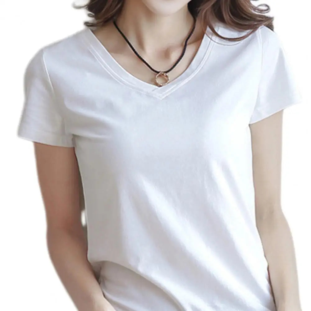 Women Summer T-shirt V-neck Short Sleeve Slim Fit T-shirt Solid Color Pullover Tops Women Bottoming Shirt Streetwear