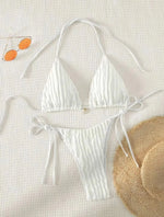 Sexy White Bikini 2025 Women Halter Lace Push Up Metal Designer Micro Swimsuit Brazilian Bathing Suit Tie Side Thong Swimwear