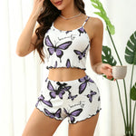 Butterfly Print Pajama Set Lettuce Trim Cami Top Elastic Waistband Shorts Women Sleepwear Loungewear
