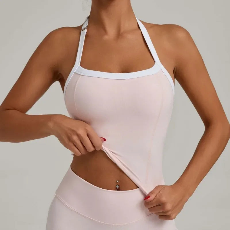 Women's Seamless Yoga Tank Top - Adjustable HALTER Neck & Quick-Dry Fitness Shirt Color Block Running Sports Gym Workout Top