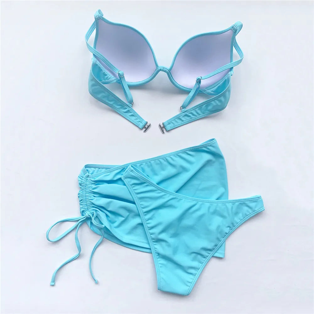 Red Push Up 3 Bikini Set Women 2026 Swimwear Mesh Cover Up High Cut Sexy Swimsuit Female Bathing Suit Bathers Swim Bikinis Mujer