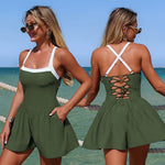 Vintage Black Patchwork Skirt One Piece Swimsuit 2026 Women Back Bandage Cross Pocket Swimwear Beach Bathing Suit Slim Monokini