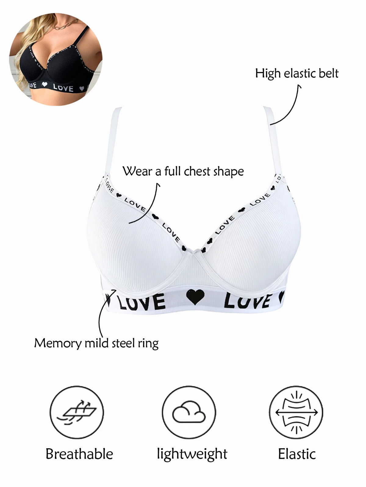 Ribbed Underwire Push Up Bra for Women Letter Trim Wide Side Support Comfortable Daily Lingerie