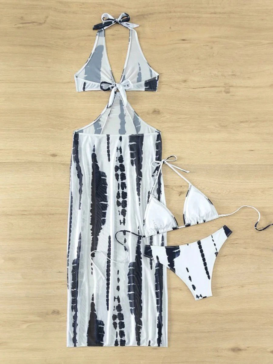 3 Pieces Halter Ring Link Bikini 2026 Women Cut Out Side Cover Up Dress Swimsuit Sexy Swimwear Female Bathing Swimming Swim Suit