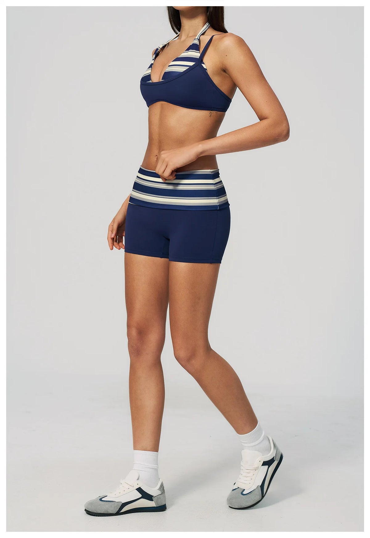 Breathable Striped Patchwork Yoga Clothing Women Fake Two-piece Sports Bra Folding High Waist Shorts Gym Running Fitness Suit