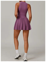 Women Front Zipper Tennis Dress Fake Two-piece Pieces Stand Up Collar Slim Fit Soft Sports Sets Fitness Pocket Skorts Yoga Suits