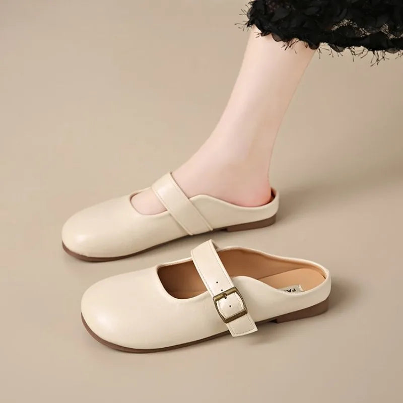 Closed-Toe Half Slippers for Women, Spring and Summer New French Style Soft Sole, Slip-On Flat Mules for Pregnant Women