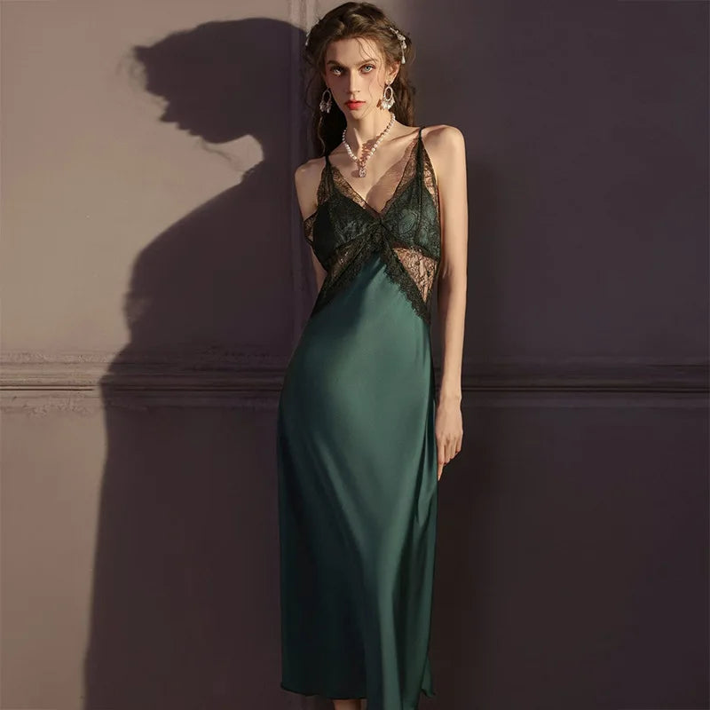 Sexy Lace Long Nighty&robe Set Spring Summer New Sleepwear Female Suspender Nightgown Silk Satin Bathrobe Kimono Gown Home Dress