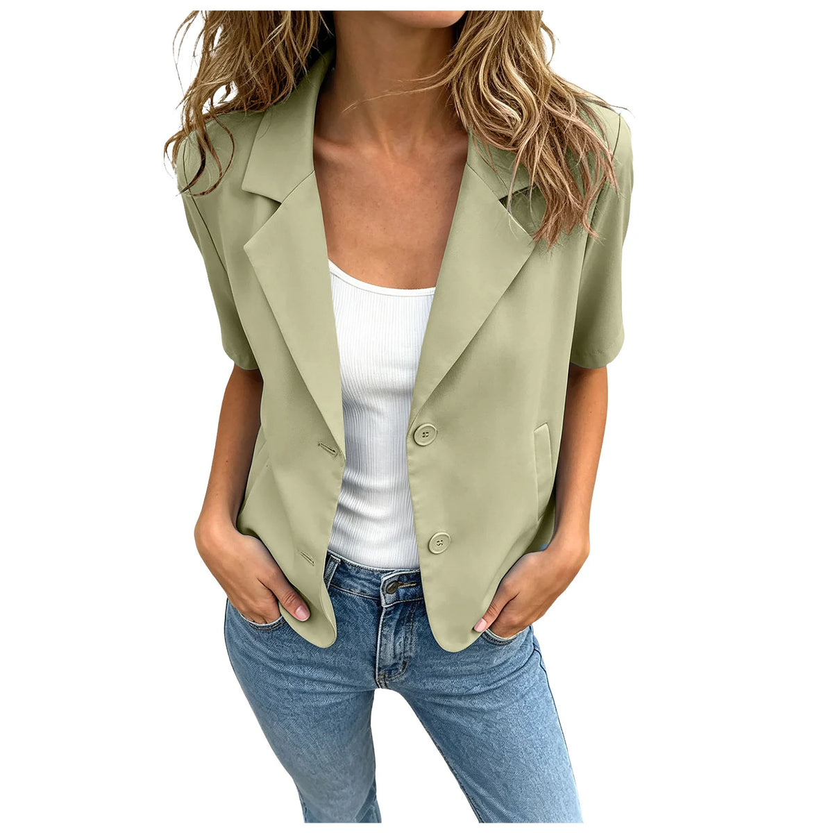 Women Cropped Short Sleeve Blazer Jacket Lapel Collar Buttons Loose Solid Suit Coat Summer Casual Office Outerwear With Pocket