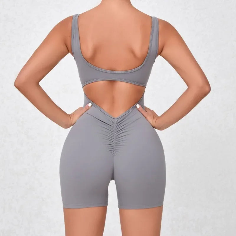 Women's Seamless Yoga Jumpsuit - Quick-Dry Nude Workout Suit with V-Neck & Sexy Back, Tight Fitness Wear for Running Gym Workout