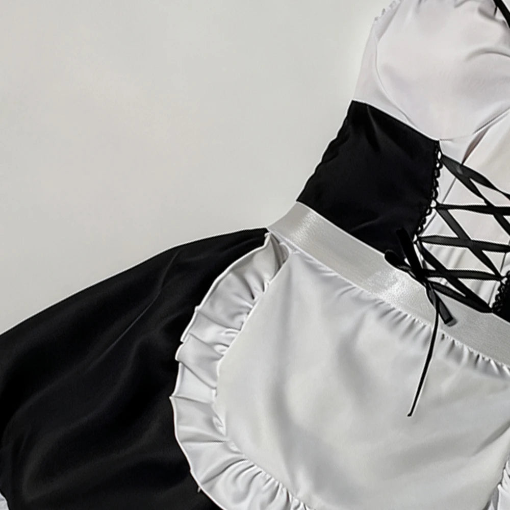 Women Maid Costume Outfit Black White Ruffle Sleeveless Suspender Dress with Apron for Halloween Cosplay Themed Party Role Play