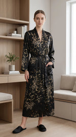 Plus Size Fashion Casual Loose Print Pajamas Women's Long Simulated Silk Sexy Sleepwear with Pockets Oversized Robe
