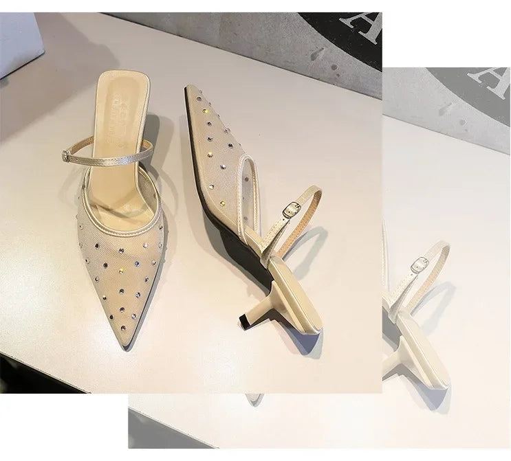BIGTREE Crystal Mesh Fabric Pointed Toe Slippers Women Sexy Elegant Buckle Strap Party Prom Thin Low Heels Mule Shoes