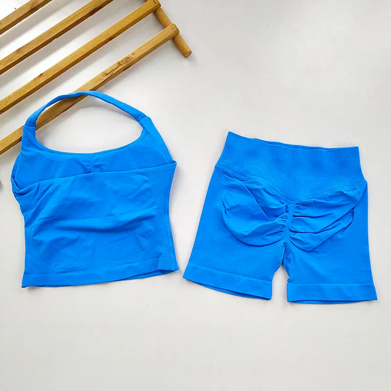 Yoga 2 Pieces Gym Set Women Backless Halter Tops High Waist Seamless Shorts Gym Suit Fitness Sports Bras Sportswear Workout Sets