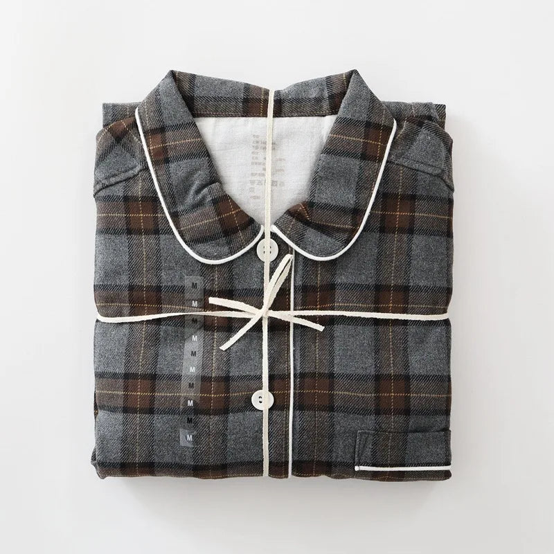 Men Brushed Cotton Vintage Plaid Stripe Pajama Set Lapel Collar Long Sleeve Top Pants Home Sleepwear Loungewear