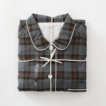 Men Brushed Cotton Vintage Plaid Stripe Pajama Set Lapel Collar Long Sleeve Top Pants Home Sleepwear Loungewear