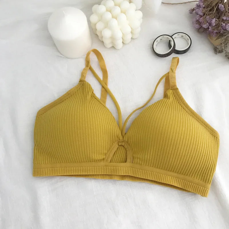 Women Ribbed Knit Bra Front Cutout V Neck Wireless Bralette Fixed Thin Spaghetti Straps Underwear Skin-Friendly Cotton Inner Top