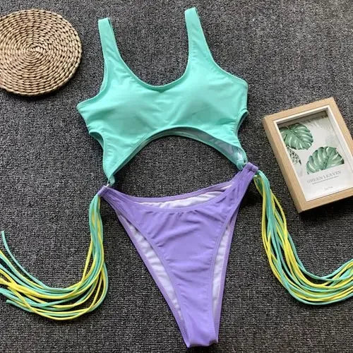 Tummy Cut Out Splicing Fringe Tassel Women Swimwear One Piece Swimsuit Female Monokini High Leg Cut Bathing Suit Swim Beach Wear