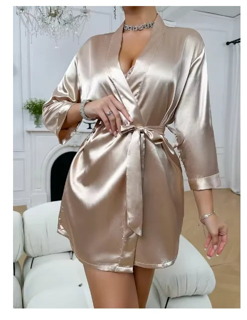 Pajamas women summer European and American ladies lace-up bathrobe sexy morning gown home dress can wear ice silk robe