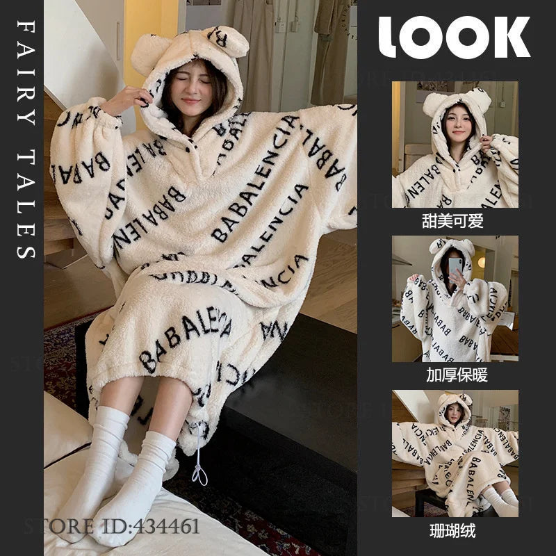 Thicken Flannel Cartoon Female Long Robe Hooded Nightgown Autumn Winter Sleepwear Home Clothes Loose Coral Fleece Warm Nightwear