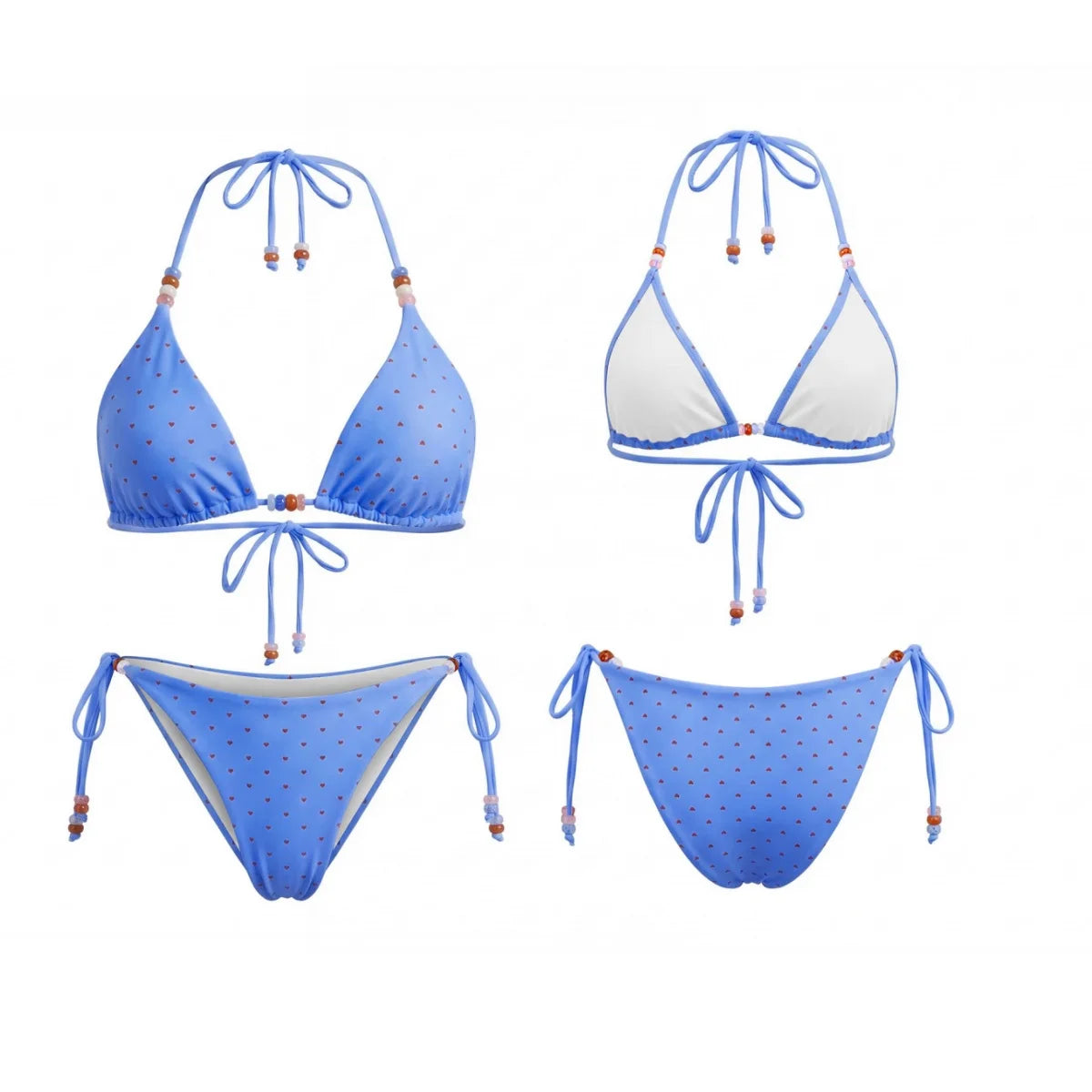 2026 Summer Women's Bikini Set Striped Dots Halter Bra with Side Tie-ups Bead Briefs 2 Piece Swimsuits Female Bathing Suits