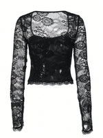 Women's Sexy Lace Patchwork Square Collar Flare Sleeve T-Shirt Elegant Slim Fit Long Sleeve Cropped Top Spring/Fall 2026