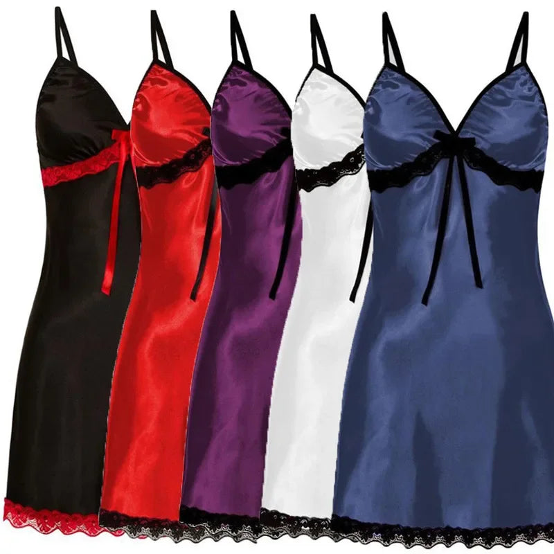 Lace Silk Satin Sleepwear Women Sexy Lingerie Night Dress Sleeveless Straps Mini Dress with Panties Nighties Nightgown