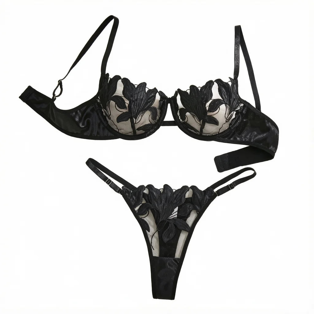 Black Lily Embroidered Bra Set - Satin Edged Transparent Mesh Adjustable Shoulder Strap Sexy Thong Set ZA824031