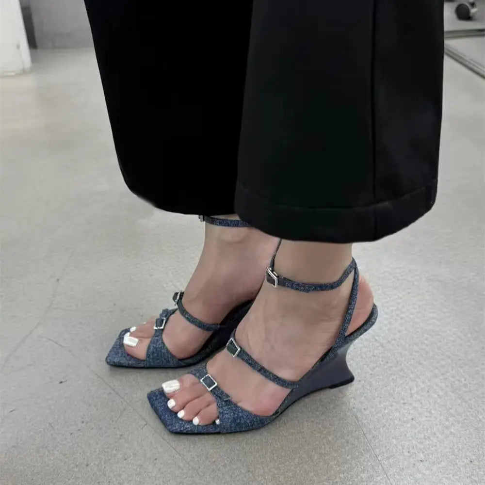 New Sexy Black Thin Buckle Straps Wedges Sandals Women Elegant Denim Blue Unique Curved Wedge High Heel Summer Party Heels Shoes
