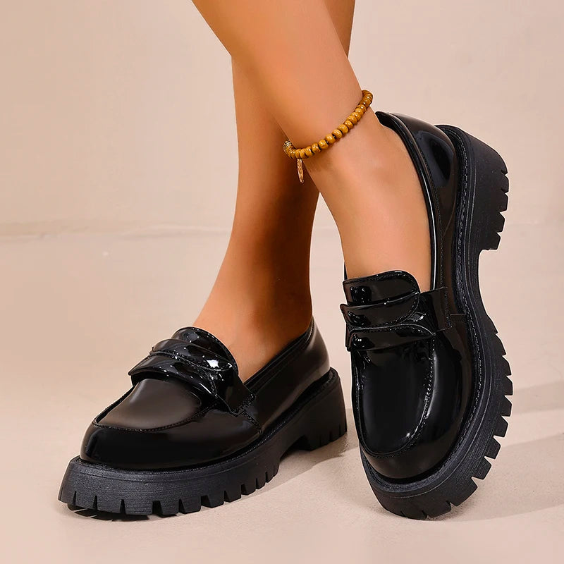 British Style Platform Loafers for Women Plus Size 43 Thick Heel Commute Work Shoes Ladies Comfort Thick Sole Pu Leather Shoes