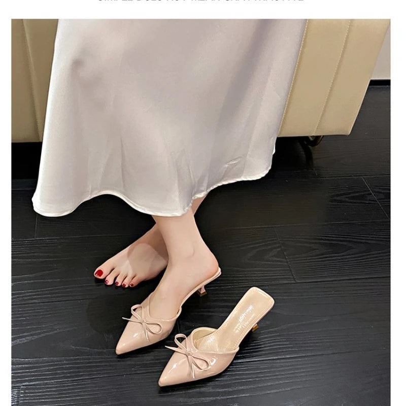 Patent Leather Bowknot Mule Slides Woman Pointed Toe Kitten Heel Pump Sandals LadiesBright Color Evening Party Dress Shoes