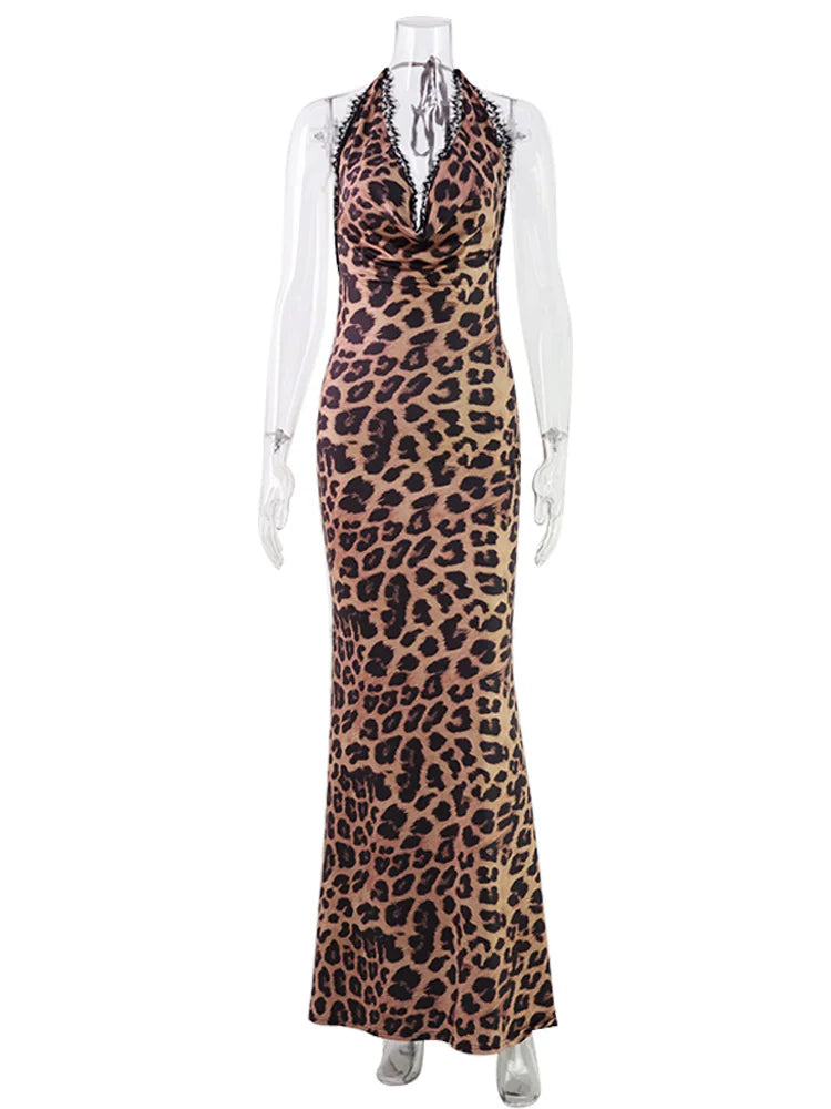 Ahagaga Sexy Women's Maxi Dresses Leopard Halter Backless Bodycon Slim Fit Deep V-Neck Bandage Print Party Eelgant Vestidos