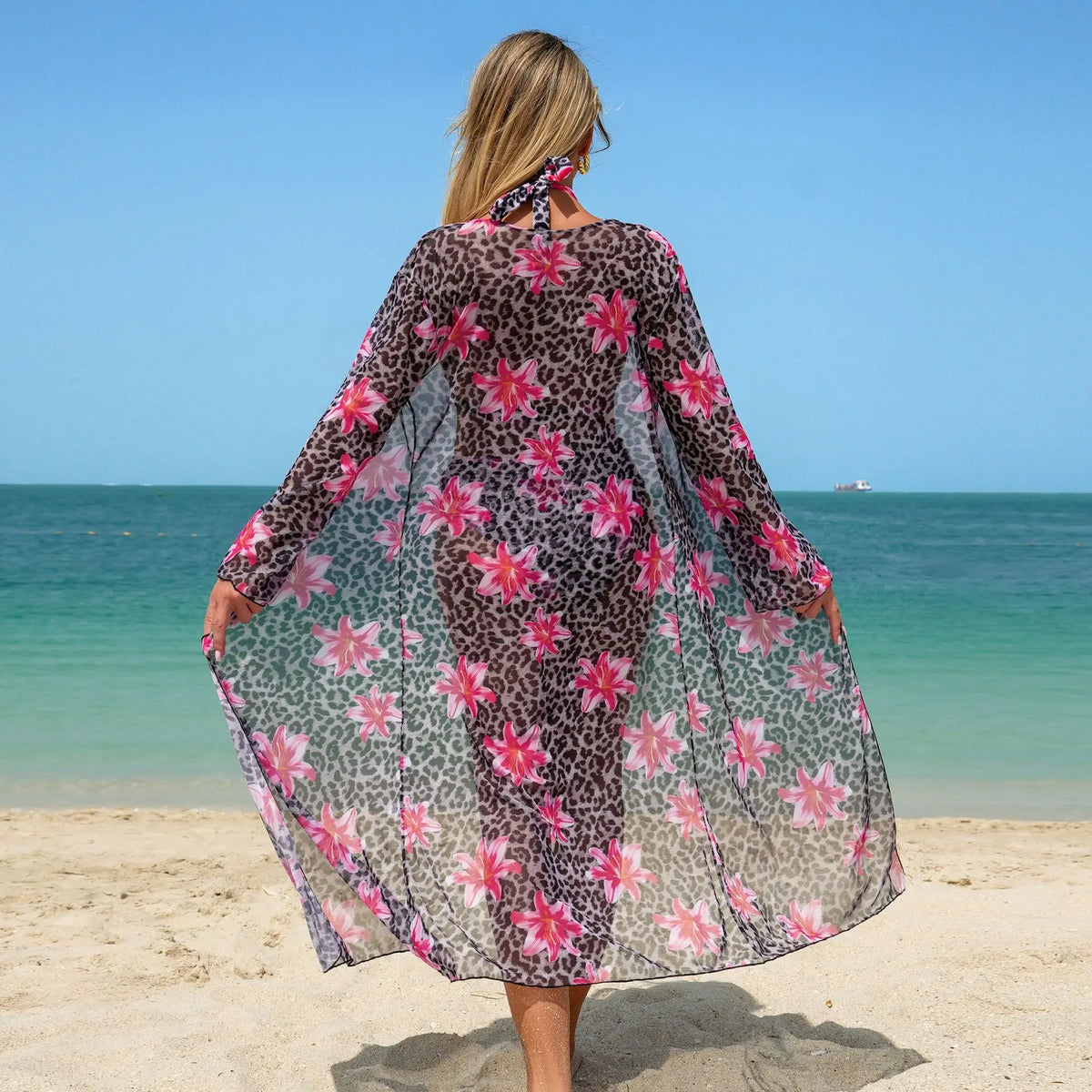 Blue Leopard Print Bikini Set Large Size Women Front Tie Push Up High Waist Swimsuit 2026 Long Sleeve Cover Up 3 Piece Swimsuit