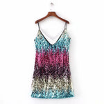 Deep V-Neck Sleeveless Sling Backless Hip Wrap Summer Dress Sexy Women Silver Color Sequins Mini Pencil Dress Club Wear