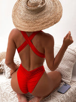 Deep V Neck One Piece Swimsuit Women Solid Red Black Criss Cross Backless Pleate Thong Bikini 2026 Beach Bathing Suit Swimwear
