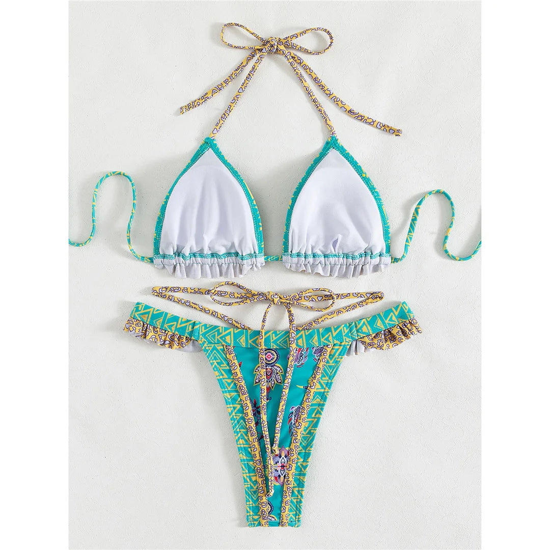 5 Colors Sexy Printed Halter Frilled Bikini Women Swimwear Female Swimsuit Two-Pieces Bikini Set Bather Bathing Suit Swim V4651